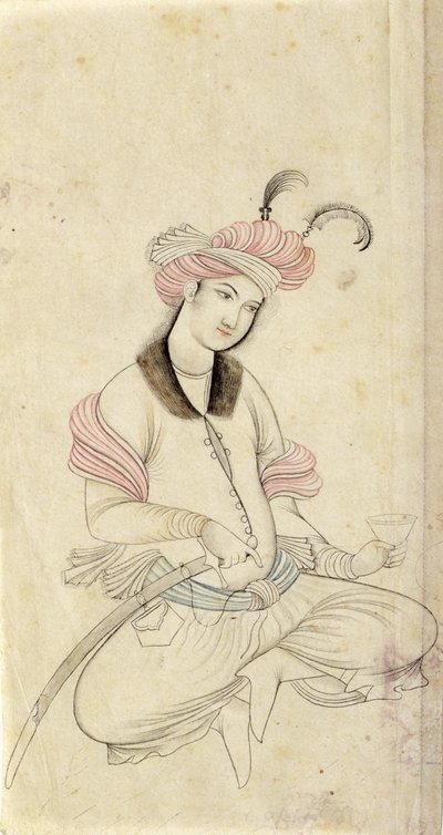 Ein persischer Jüngling, der einen Weinkelch hält und die andere Hand am Griff seines Schwertes hat, nach einem Original aus dem frühen 17. Jahrhundert aus Isfahan, ca. 1825-35 von Persian School